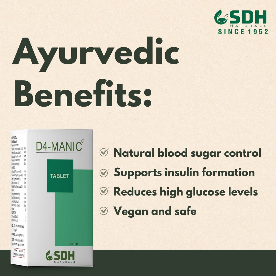 SDH Naturals D4 Manic Tablets helps control Blood Sugar, Improves overall Health in Madhumeh, helps prevent diabetes damage, holistic diabetes care in type 2 DM