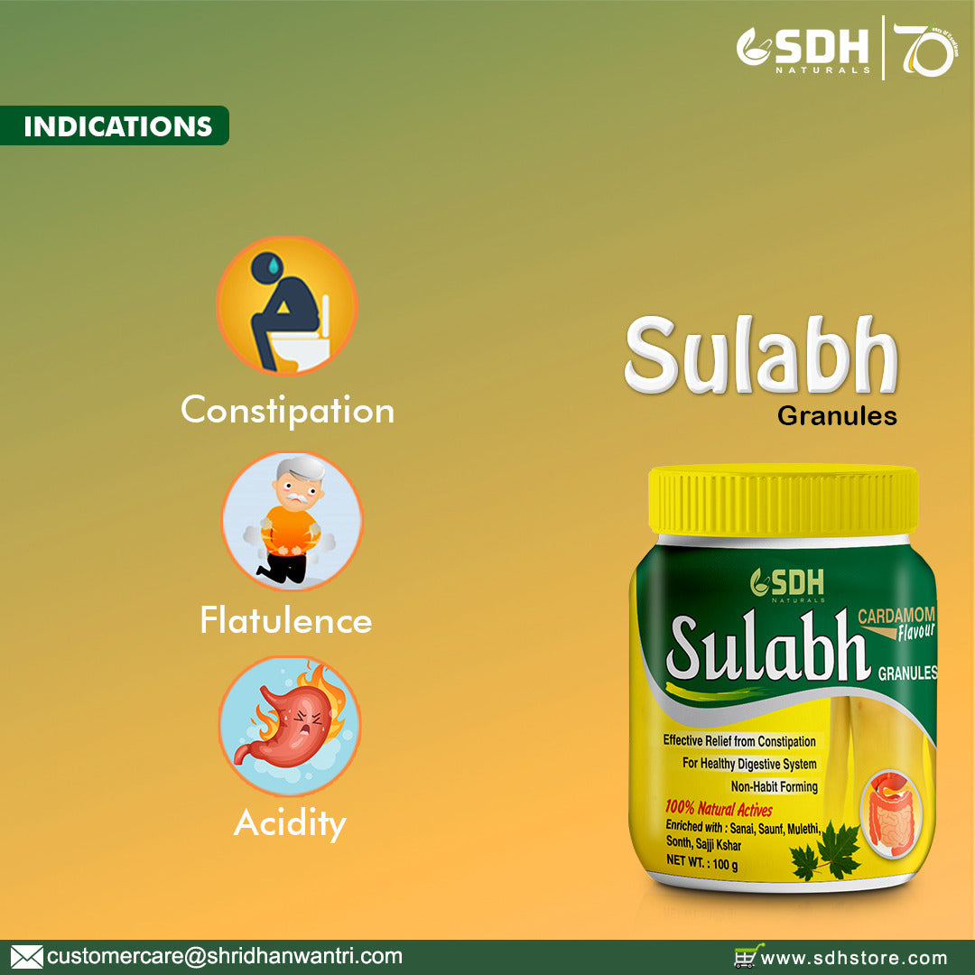 SDH Naturals Sulabh granules 100 % Ayurvedic Supplement for Constipation, Kabz,  relives Acidity & Gas. Non habit forming herbal formula, helps improve digestion, Churna Powder safe LaxativG
