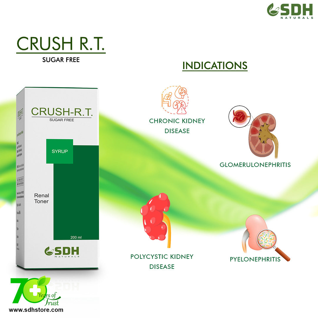 SDH Naturals Crush-RT syrup helps to maintain kidney health, Acts as a shield in protecting Kidneys from damage due to diabetes & blood pressure, Improves Kidney function, Uro care Naturally,