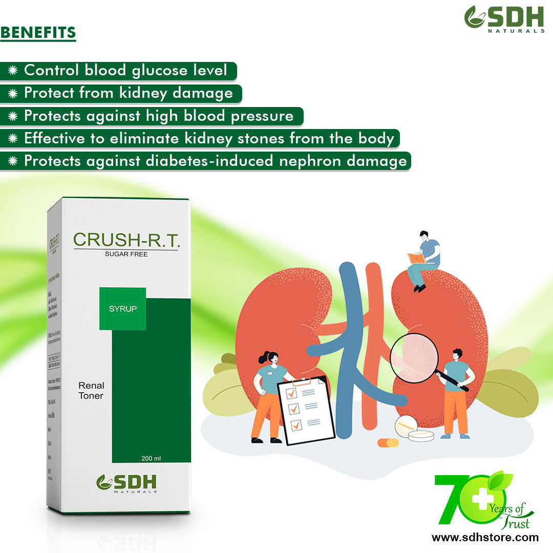 SDH Naturals Crush-RT syrup helps to maintain kidney health, Acts as a shield in protecting Kidneys from damage due to diabetes & blood pressure, Improves Kidney function, Uro care Naturally,