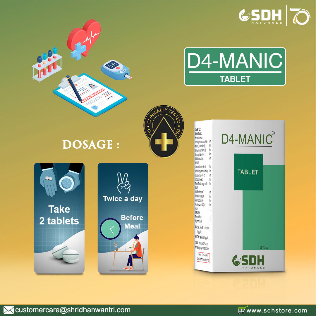 SDH Naturals D4 Manic Tablets helps control Blood Sugar, Improves overall Health in Madhumeh, helps prevent diabetes damage, holistic diabetes care in type 2 DM